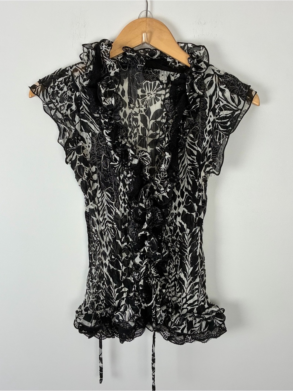Y2K B&W Mixed Botanical Print Semi Sheer Blouse Whimsigoth Ruffle Lace Coquette